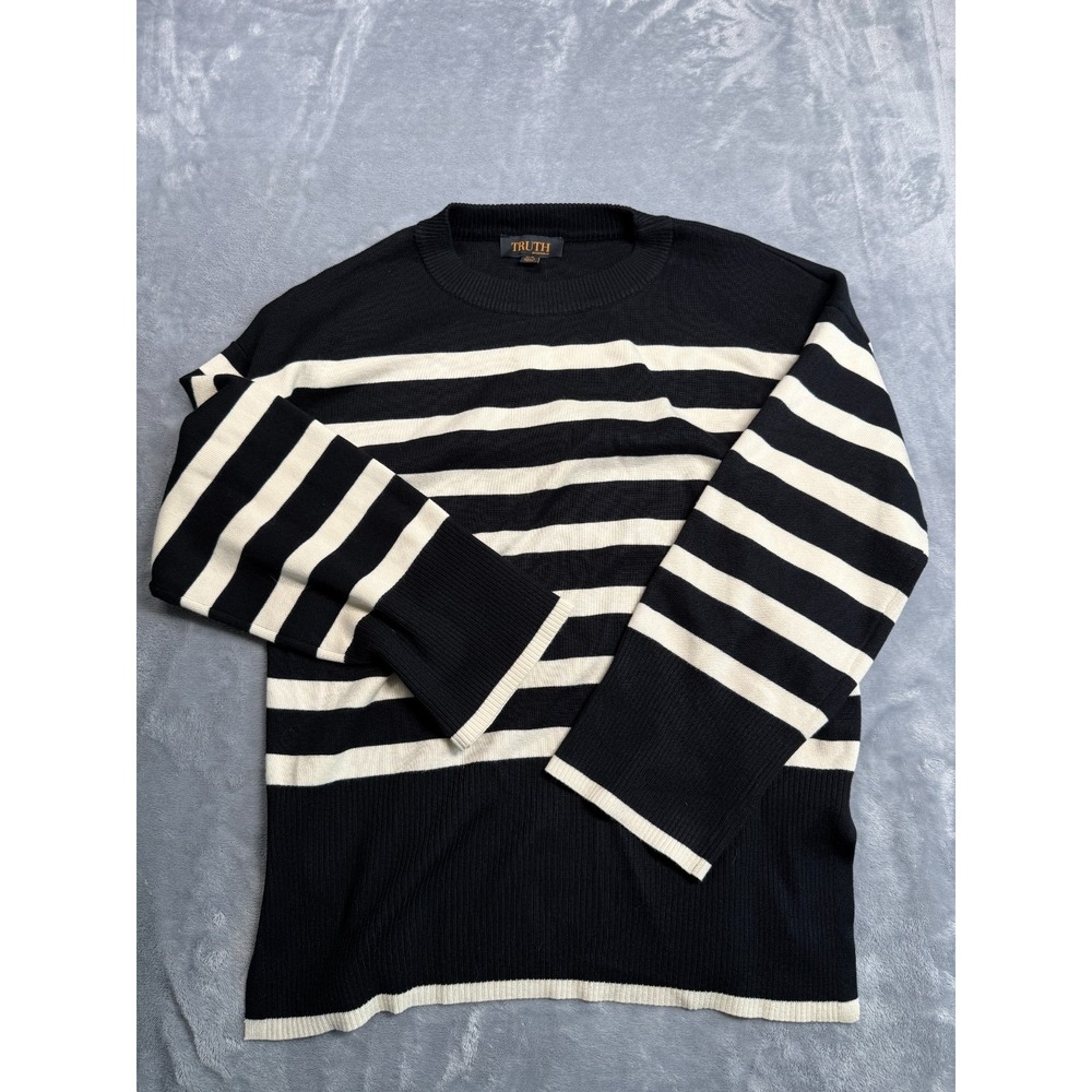 Truth By Republic Sweater Womens Medium Black White Striped Tight Knit Ribbed